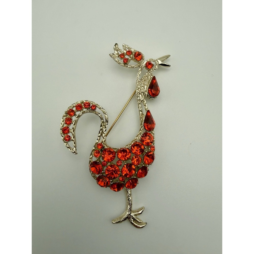 Roadrunner Bird Brooch Goldtone & Red Rhinestones